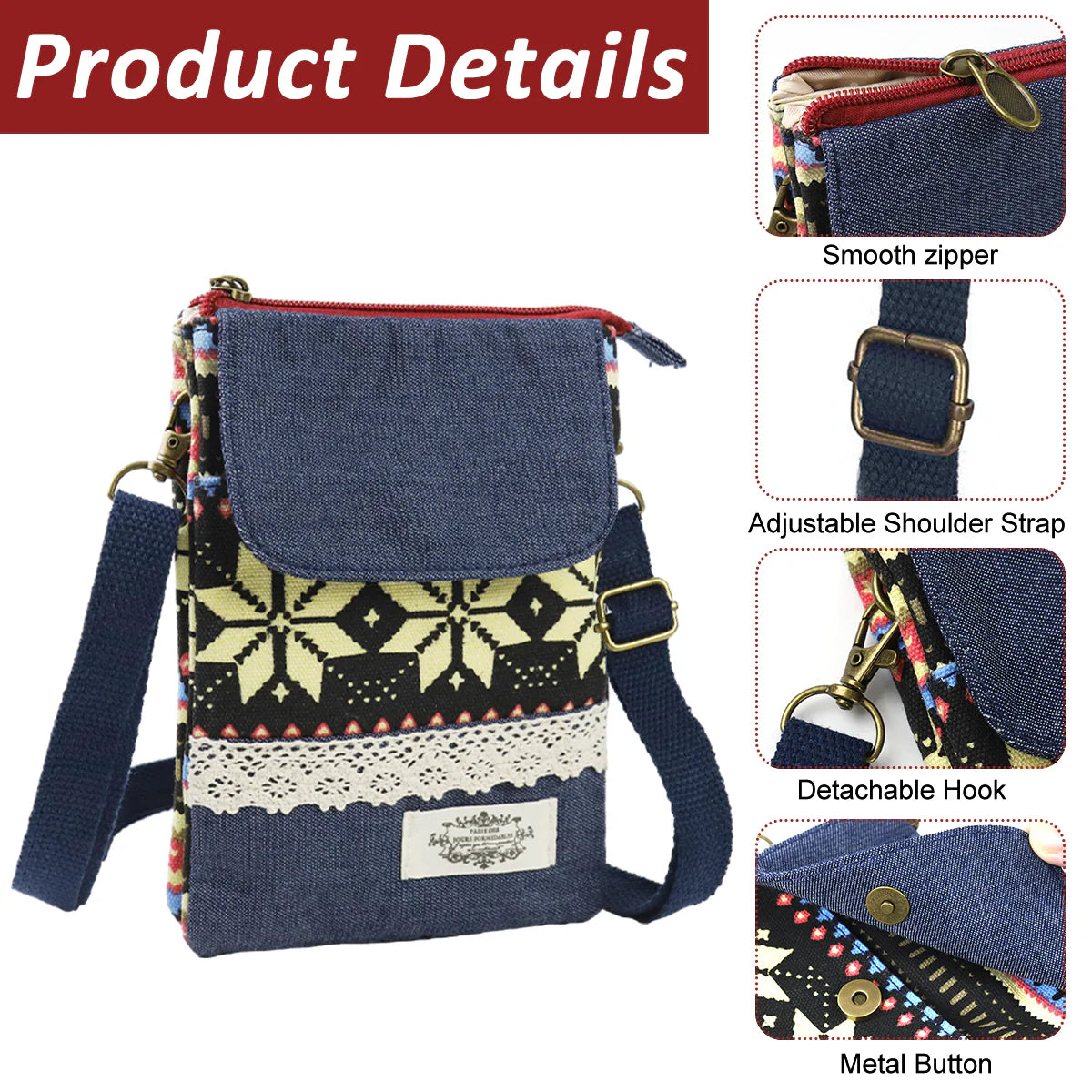Casual Canvas Phone Sling Bag Boho Print Crossbody