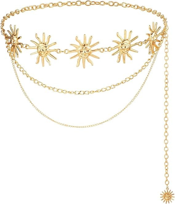 3-Layer Chain Waist Belt for Women Gold Sun Decor