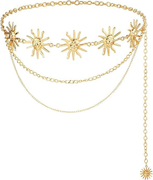 3-Layer Chain Waist Belt for Women Gold Sun Decor