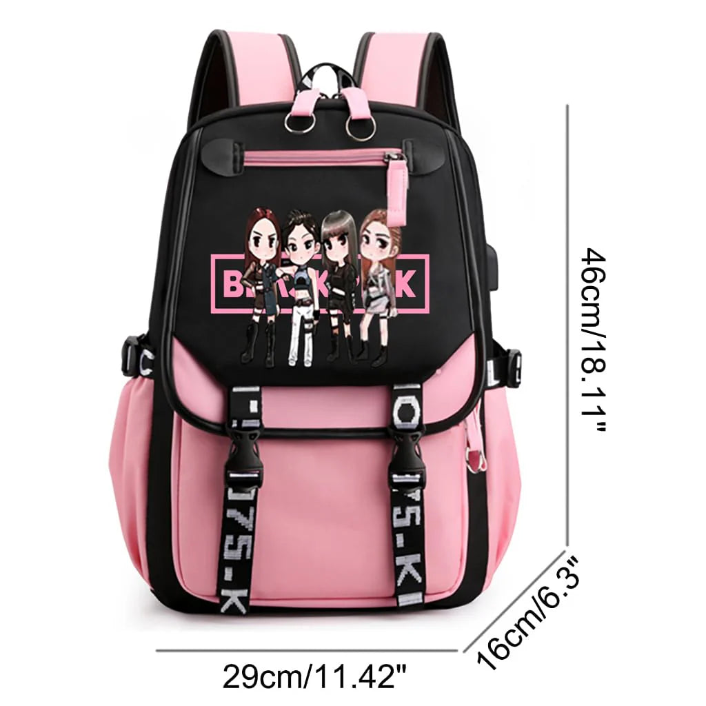 Black Pink School Bag with USB Port Idol Print