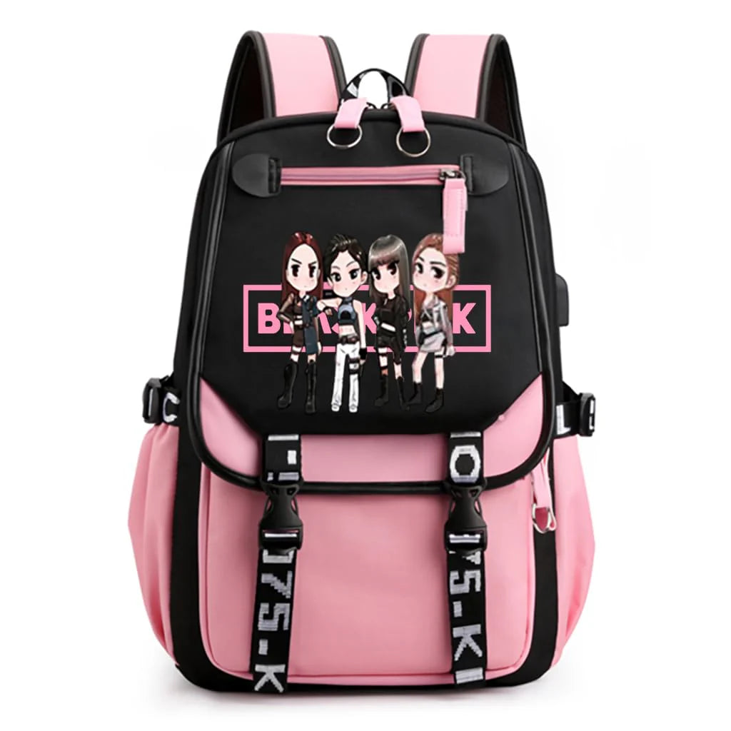Black Pink School Bag with USB Port Idol Print
