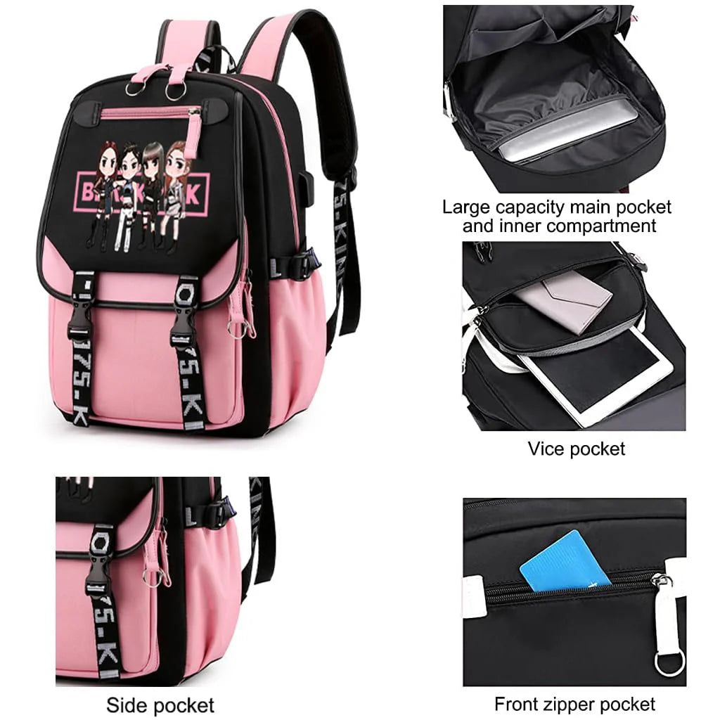Black Pink School Bag with USB Port Idol Print