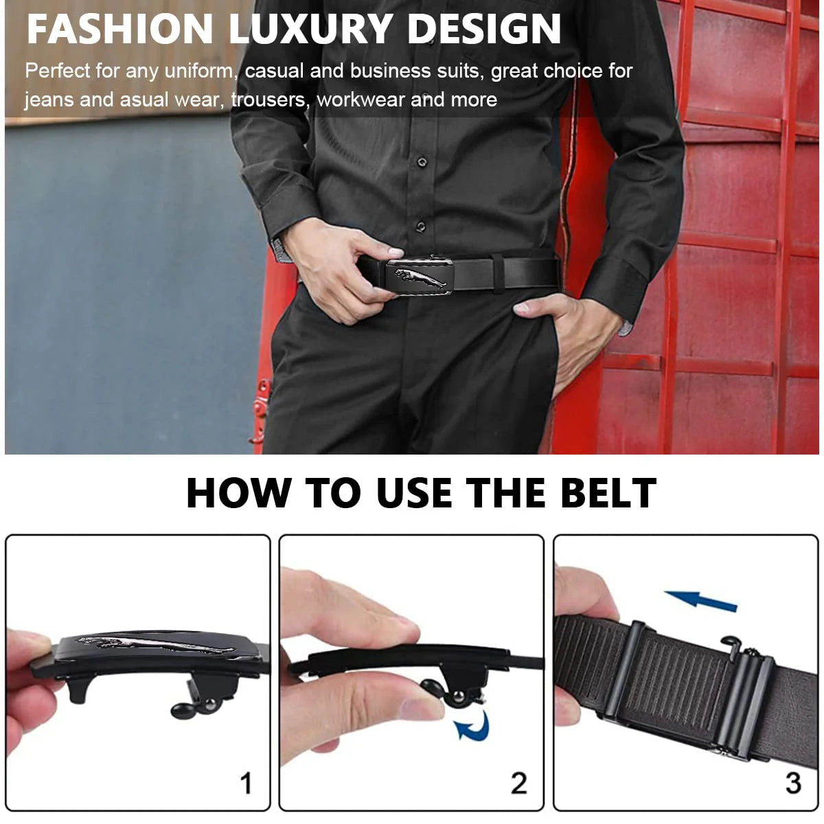 Men's Black Leather Belt Click Buckle No Hole