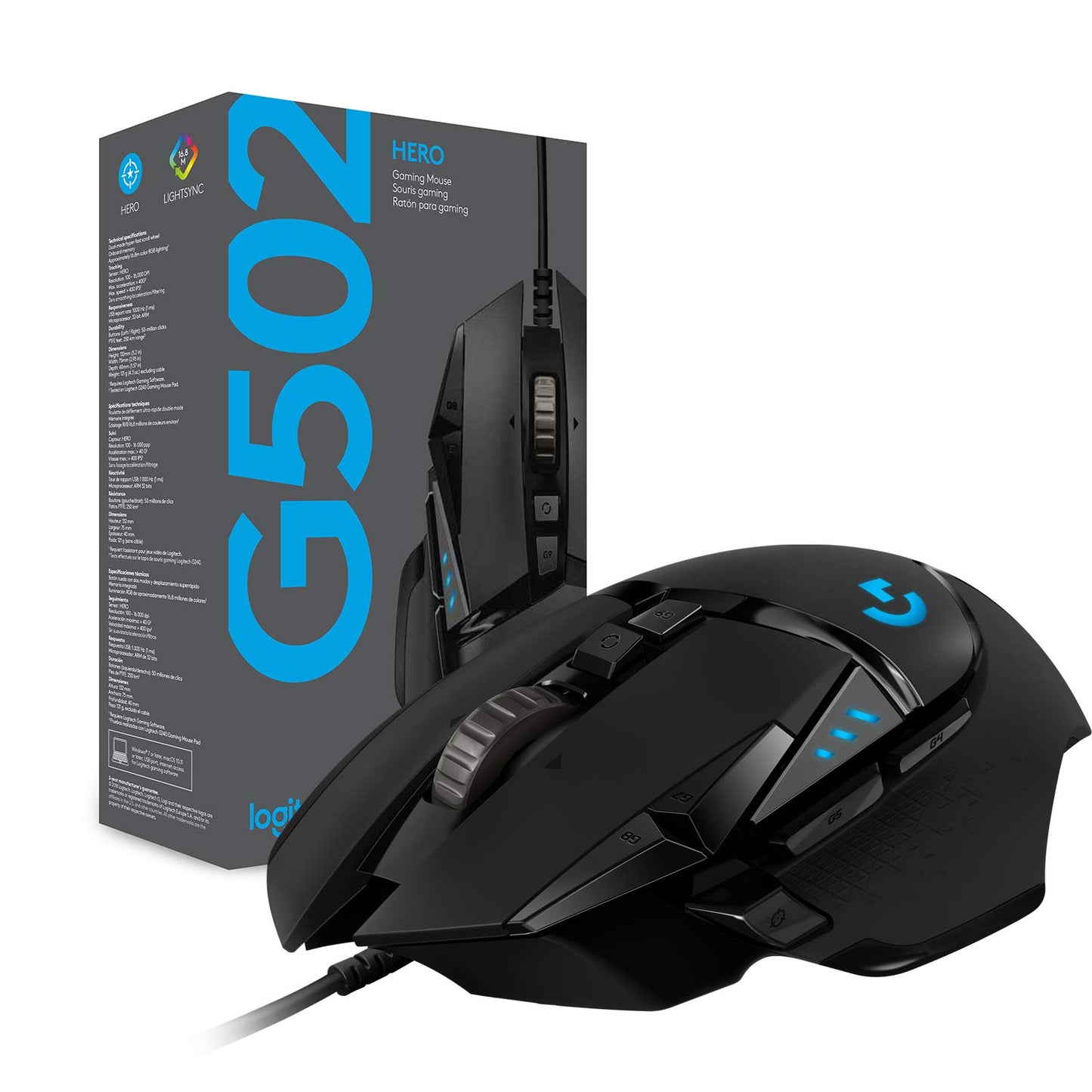 Logitech G502 Hero High Performance Wired Gaming Mouse, Hero 16K Sensor, 16,000 DPI, RGB, Adjustable Weights, 11 Programmable Buttons, On-Board Memory, PC/Mac - Black