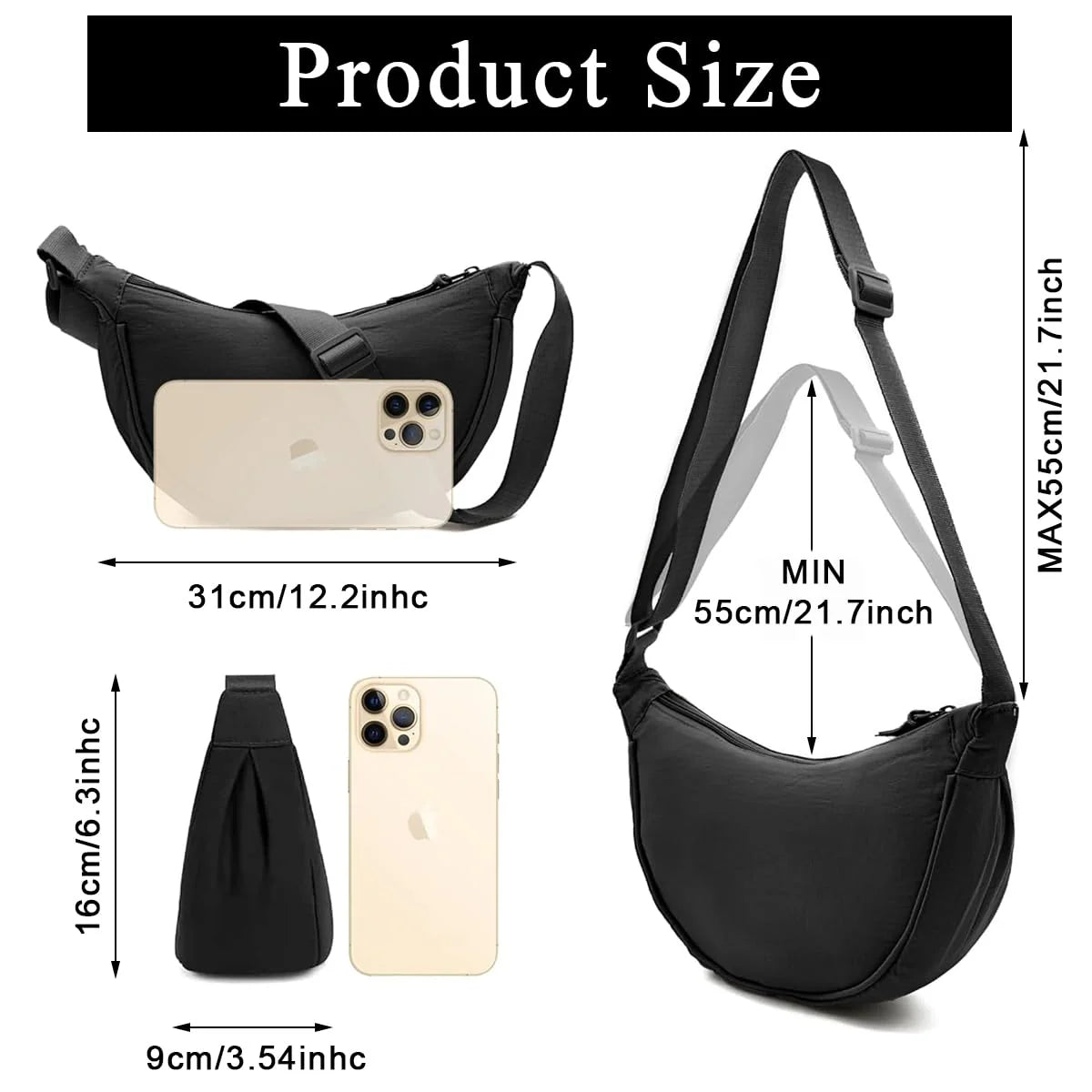 Nylon Crescent Hobos Crossbody Shoulder Bag Waterproof