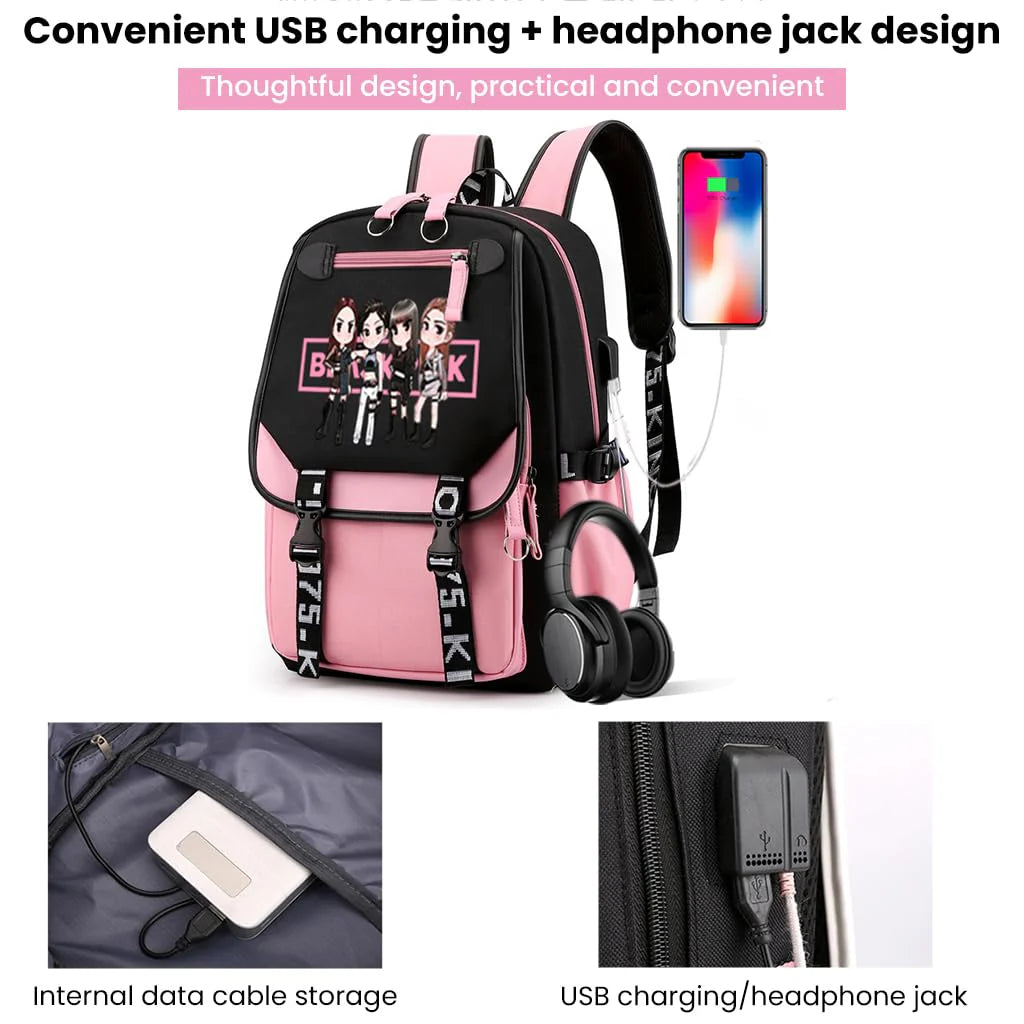 Black Pink School Bag with USB Port Idol Print