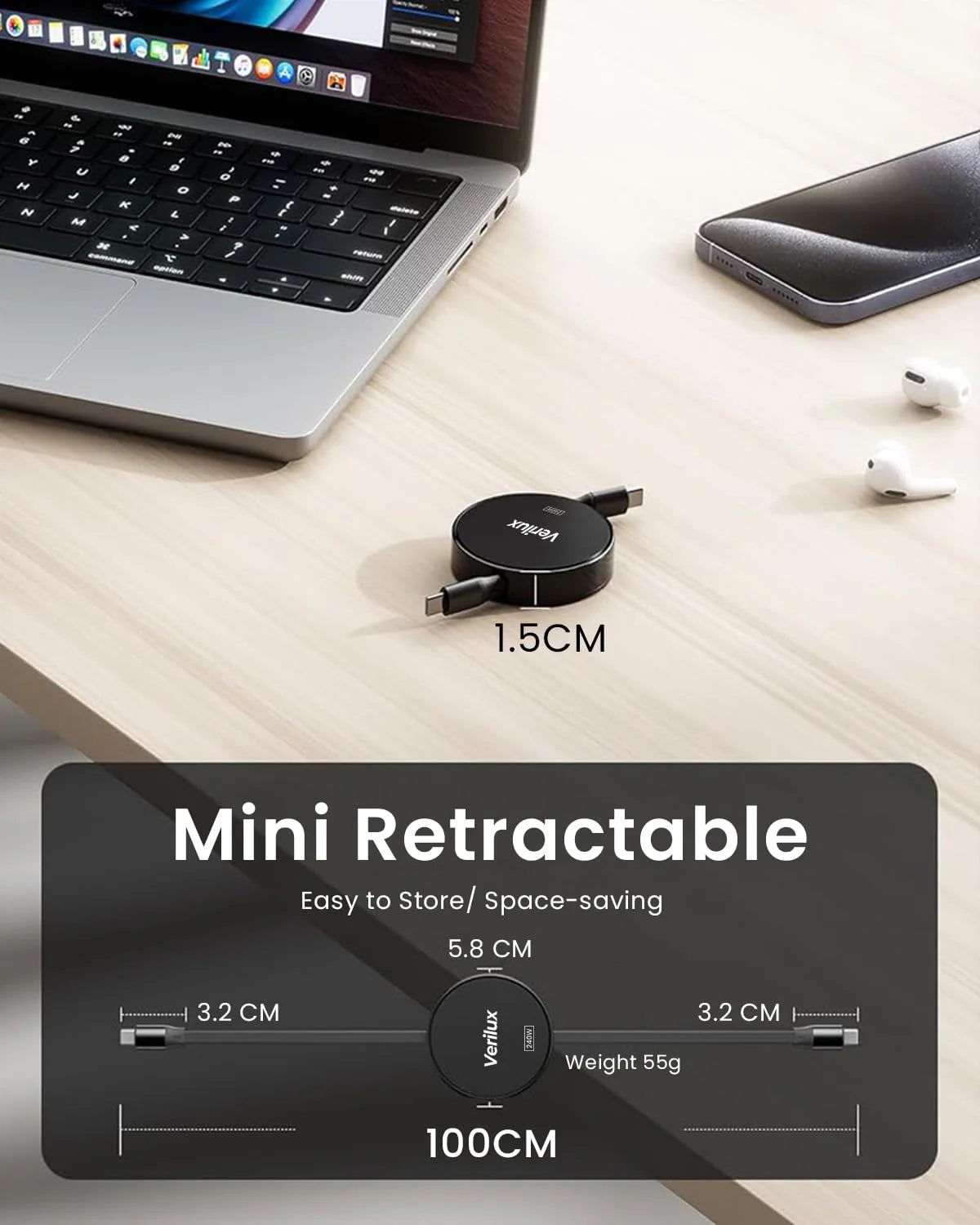 Retractable USB C to USB C 240W Fast Charging Cable for iPhone 15