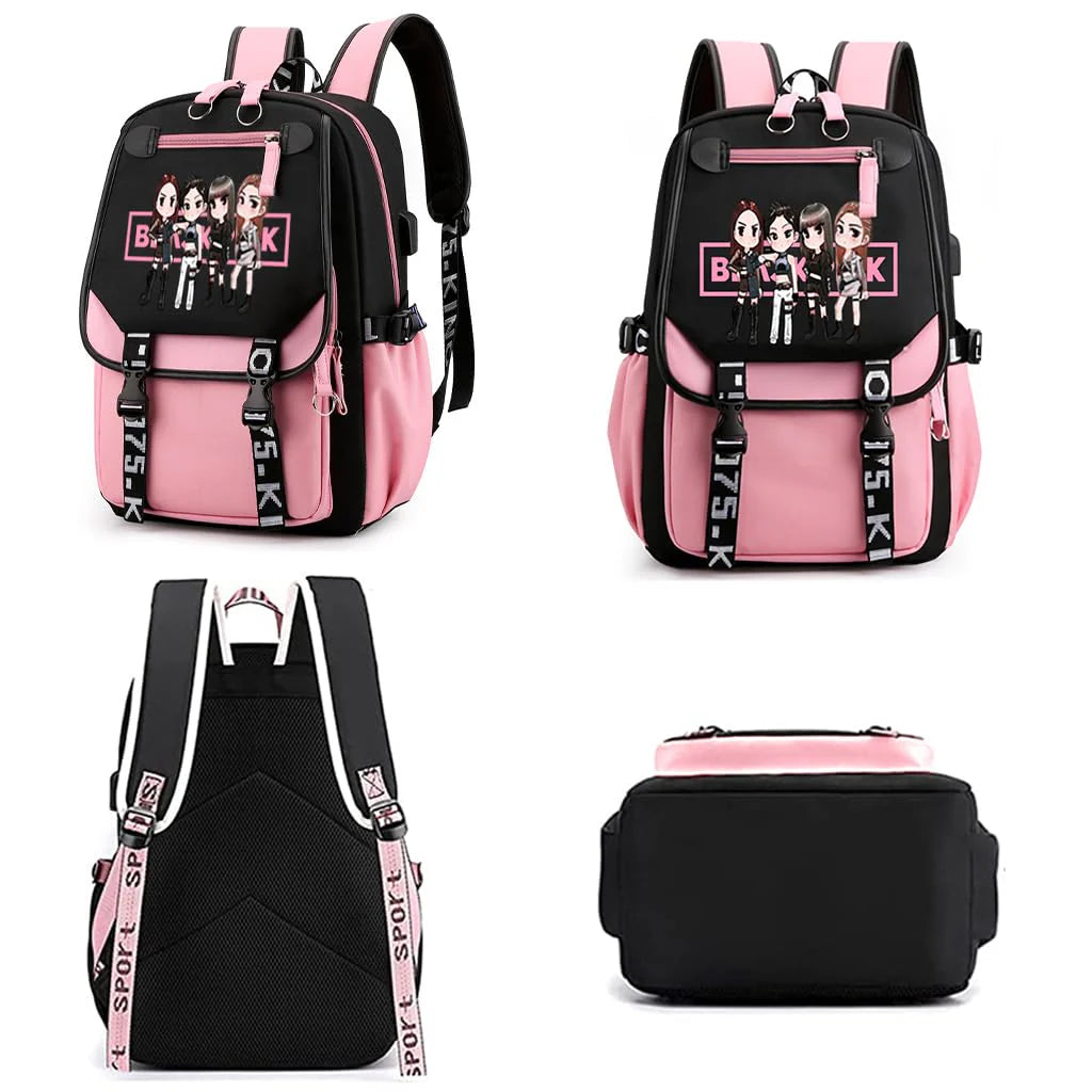 Black Pink School Bag with USB Port Idol Print