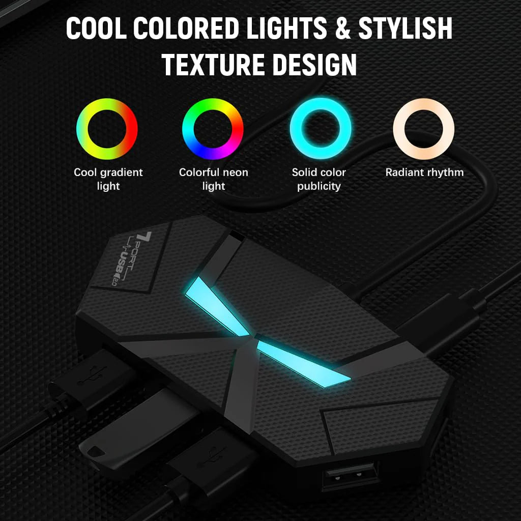 7 in 1 USB Colourful Ambient Light USB HUB Multi-Port Adapter