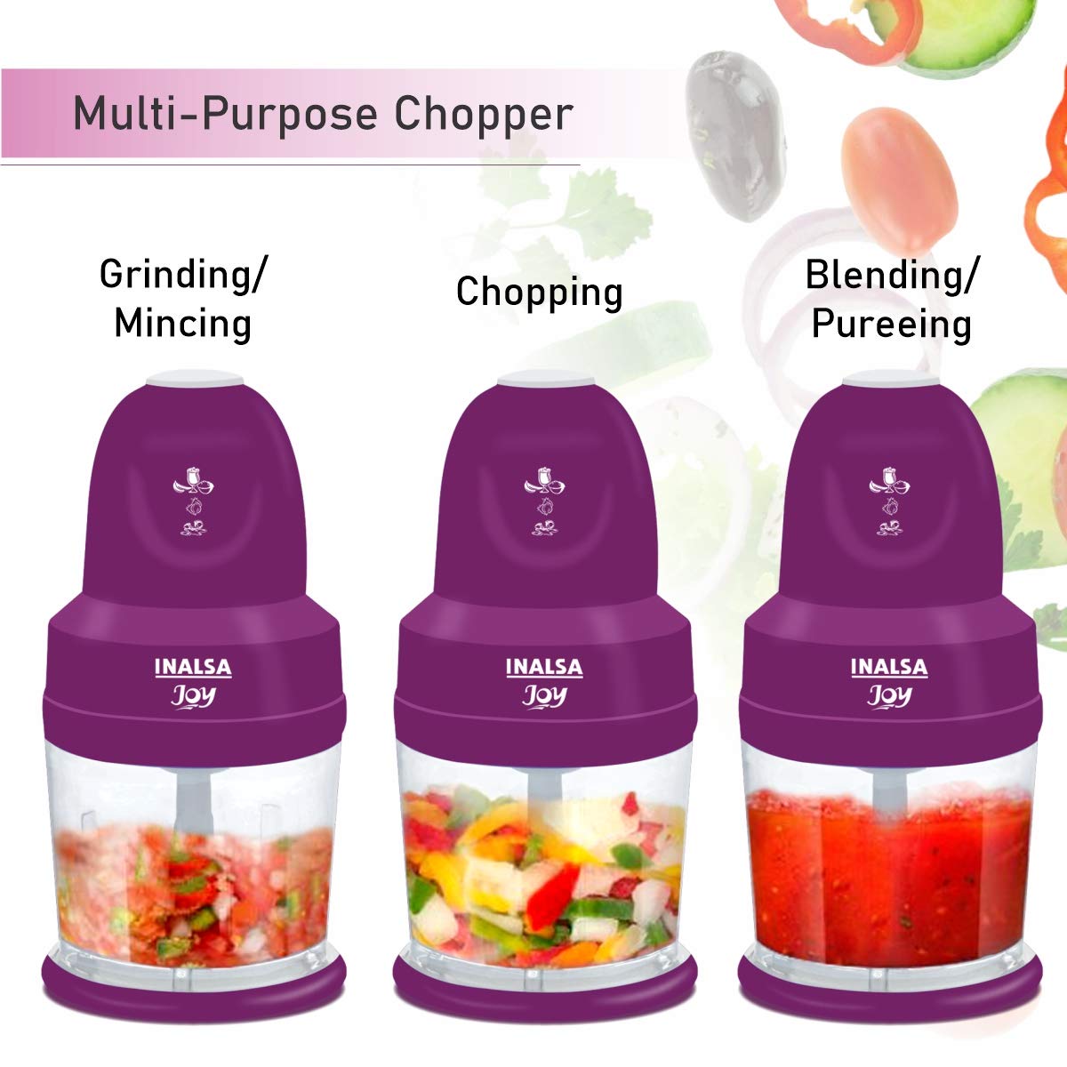 INALSA 4-in-1 Chopper Joy-250W Copper Motor, Chop, Mince,Puree,Whisk,850 ml Capacity, One Touch Operation, 1.30mtr Long Power Cord, (White/Purple)