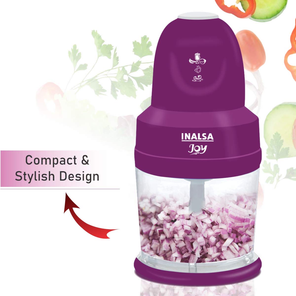 INALSA 4-in-1 Chopper Joy-250W Copper Motor, Chop, Mince,Puree,Whisk,850 ml Capacity, One Touch Operation, 1.30mtr Long Power Cord, (White/Purple)