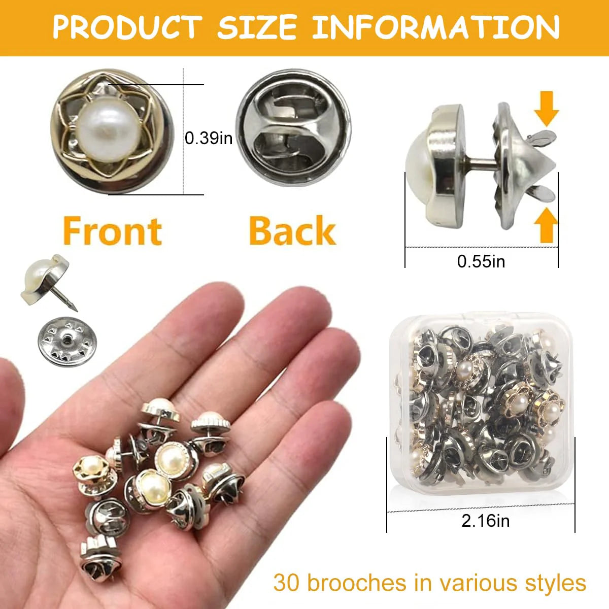 30Pcs Mini Pearl Brooch Safety Buttons Cover Up