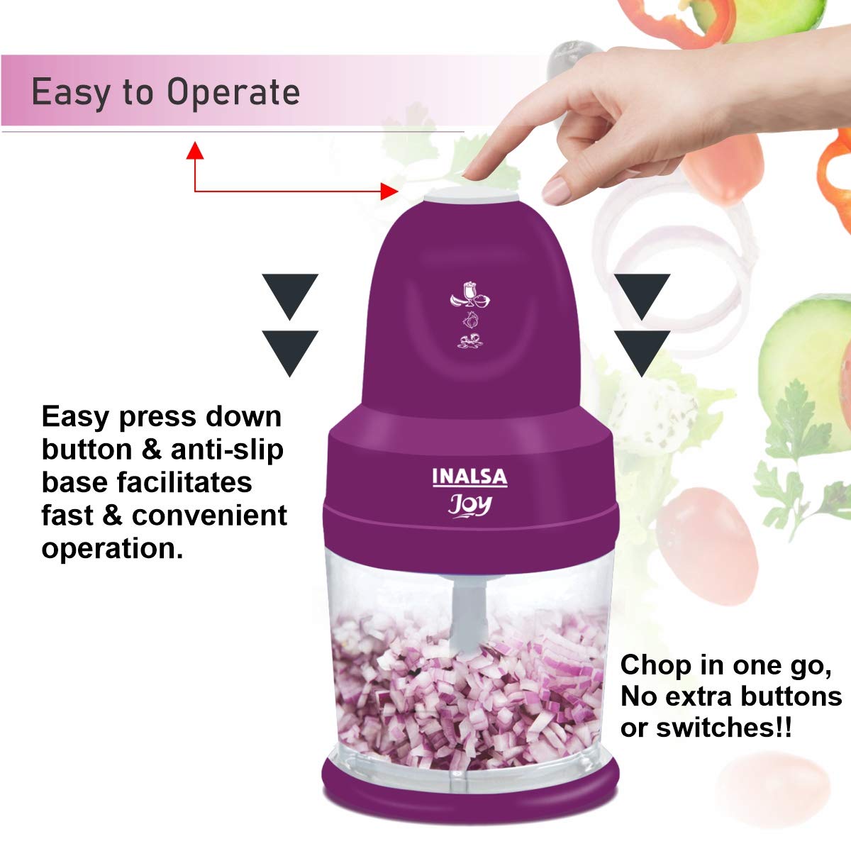 INALSA 4-in-1 Chopper Joy-250W Copper Motor, Chop, Mince,Puree,Whisk,850 ml Capacity, One Touch Operation, 1.30mtr Long Power Cord, (White/Purple)