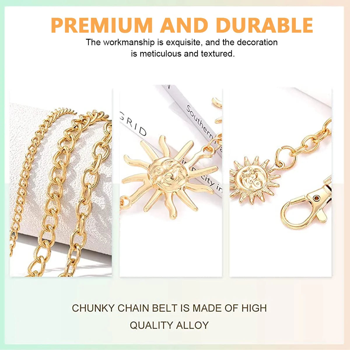 3-Layer Chain Waist Belt for Women Gold Sun Decor