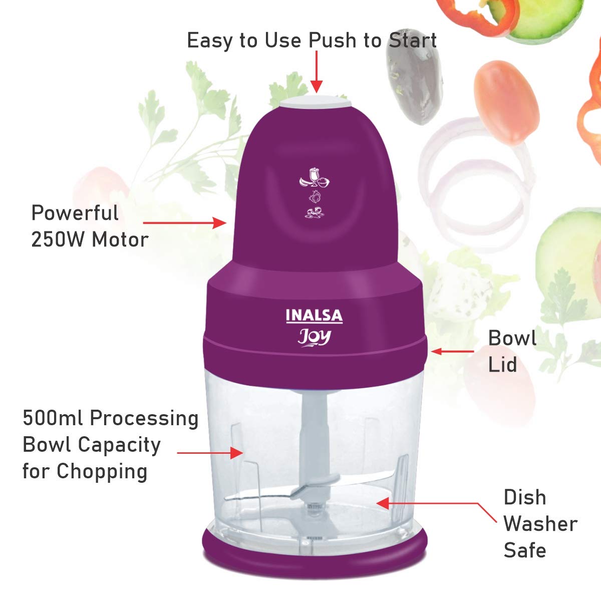 INALSA 4-in-1 Chopper Joy-250W Copper Motor, Chop, Mince,Puree,Whisk,850 ml Capacity, One Touch Operation, 1.30mtr Long Power Cord, (White/Purple)