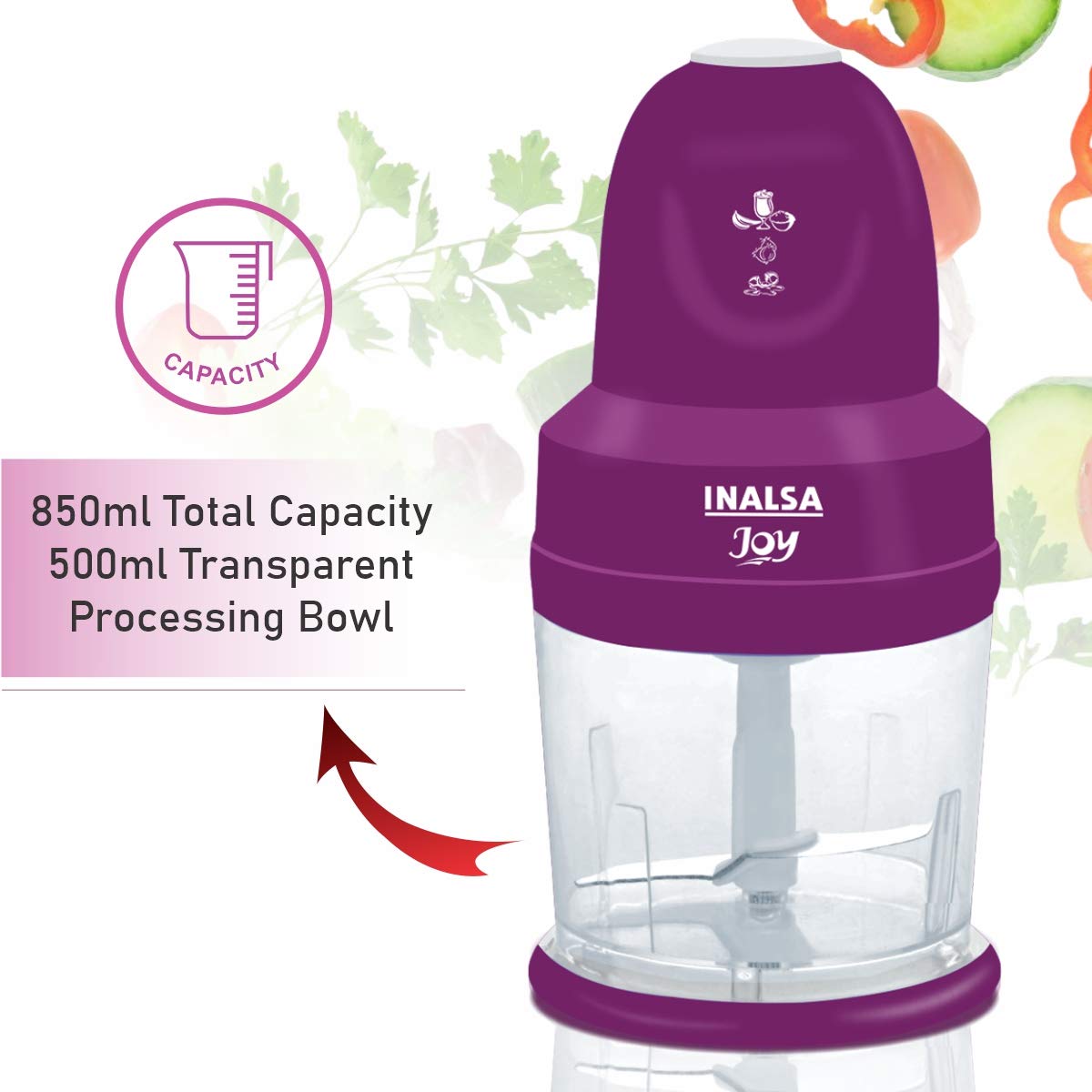 INALSA 4-in-1 Chopper Joy-250W Copper Motor, Chop, Mince,Puree,Whisk,850 ml Capacity, One Touch Operation, 1.30mtr Long Power Cord, (White/Purple)