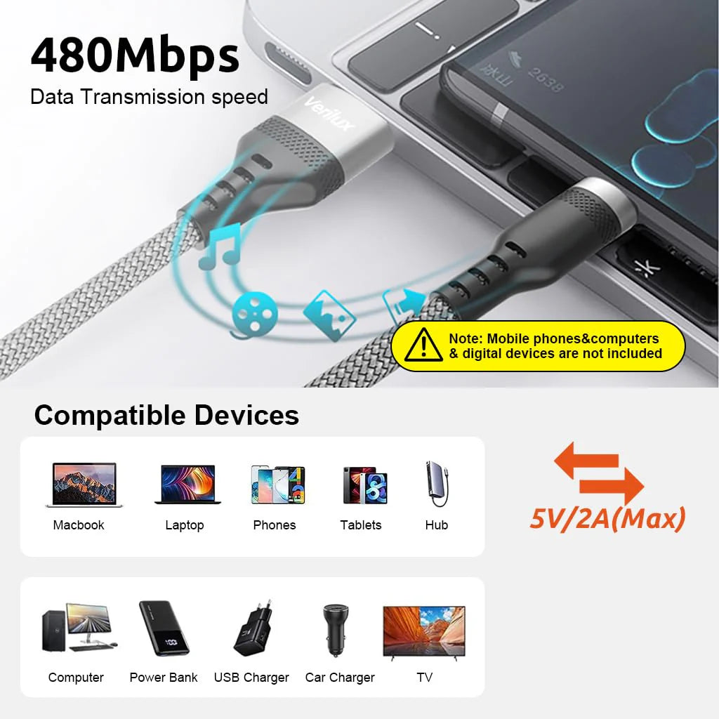 Type C 62W 3.1A Fast Charging Cable 10ft, 480Mbps Data Cable