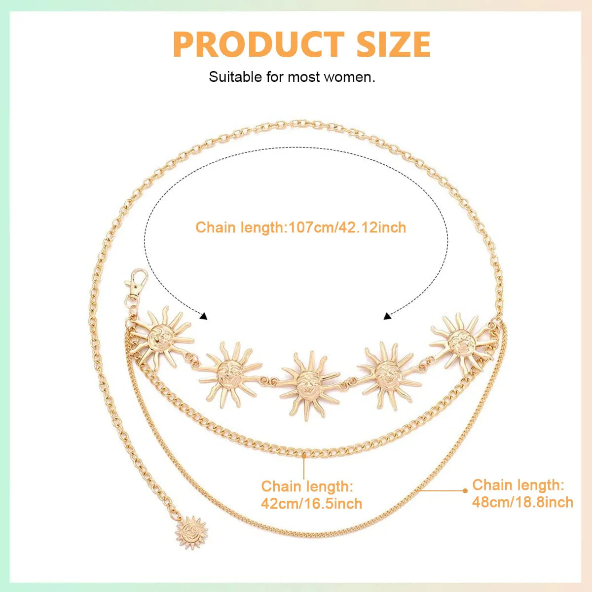 3-Layer Chain Waist Belt for Women Gold Sun Decor