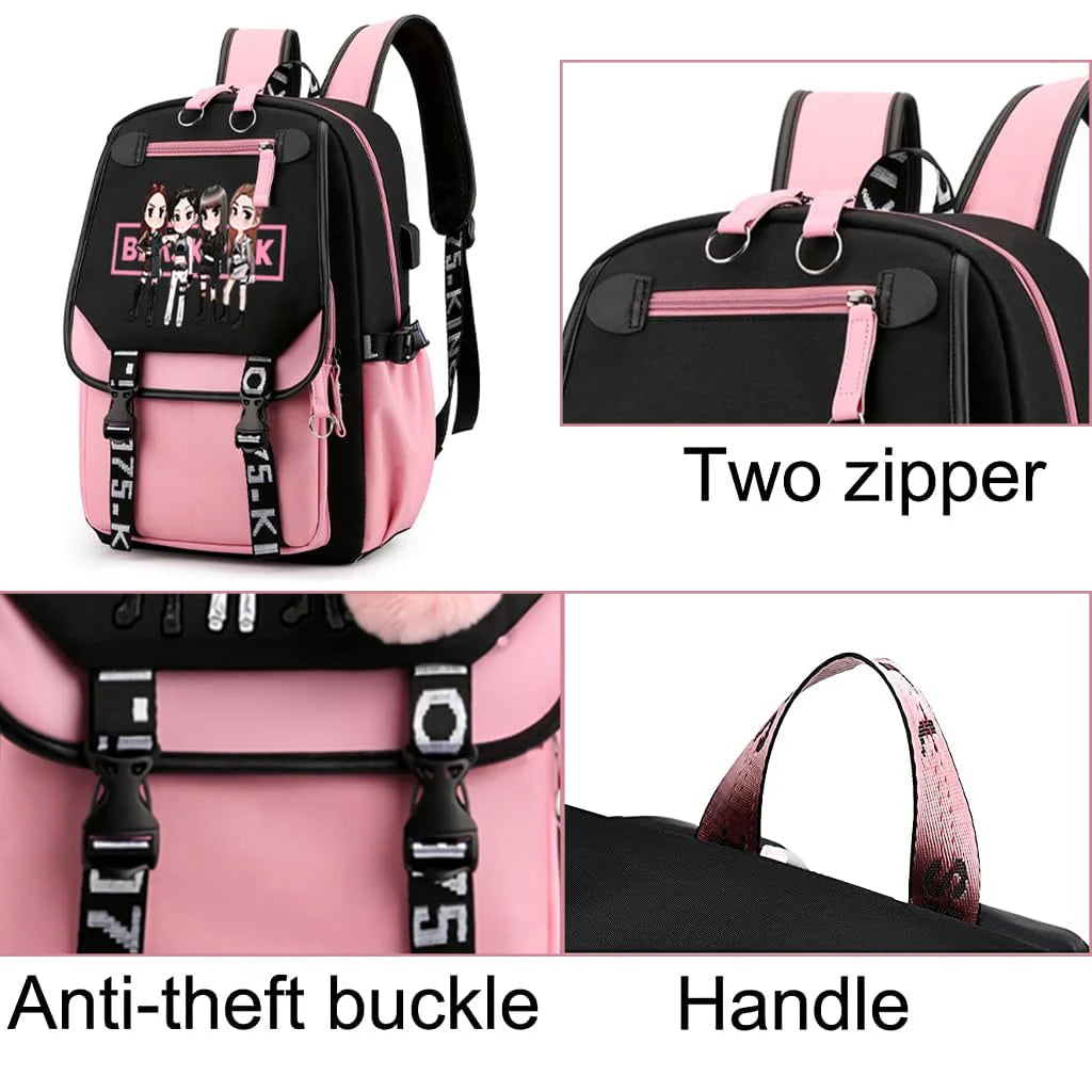 Black Pink School Bag with USB Port Idol Print