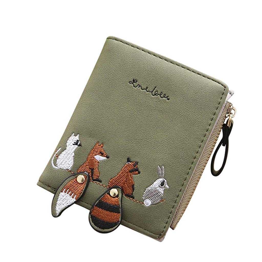 Leather Mini Wallet with Animal Embroidery Card Holder
