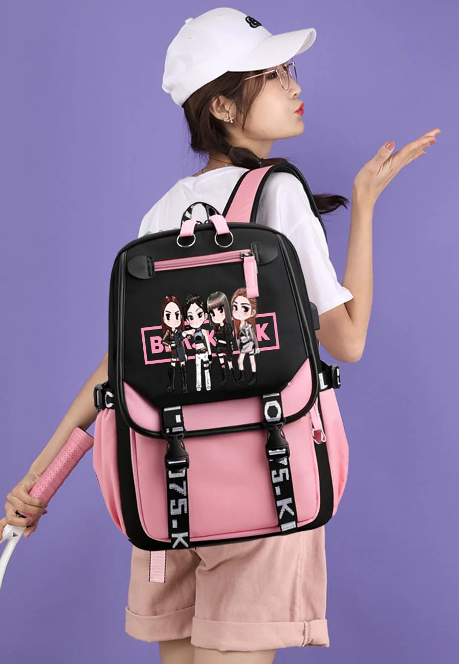Black Pink School Bag with USB Port Idol Print