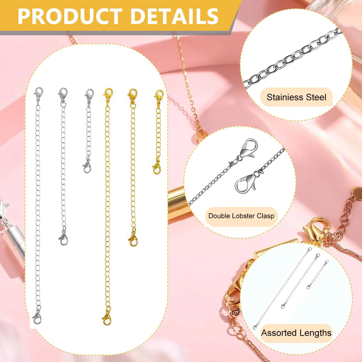 Golden & Sliver 12 Pcs Necklace Extender and Lobster Clasps Combo Set