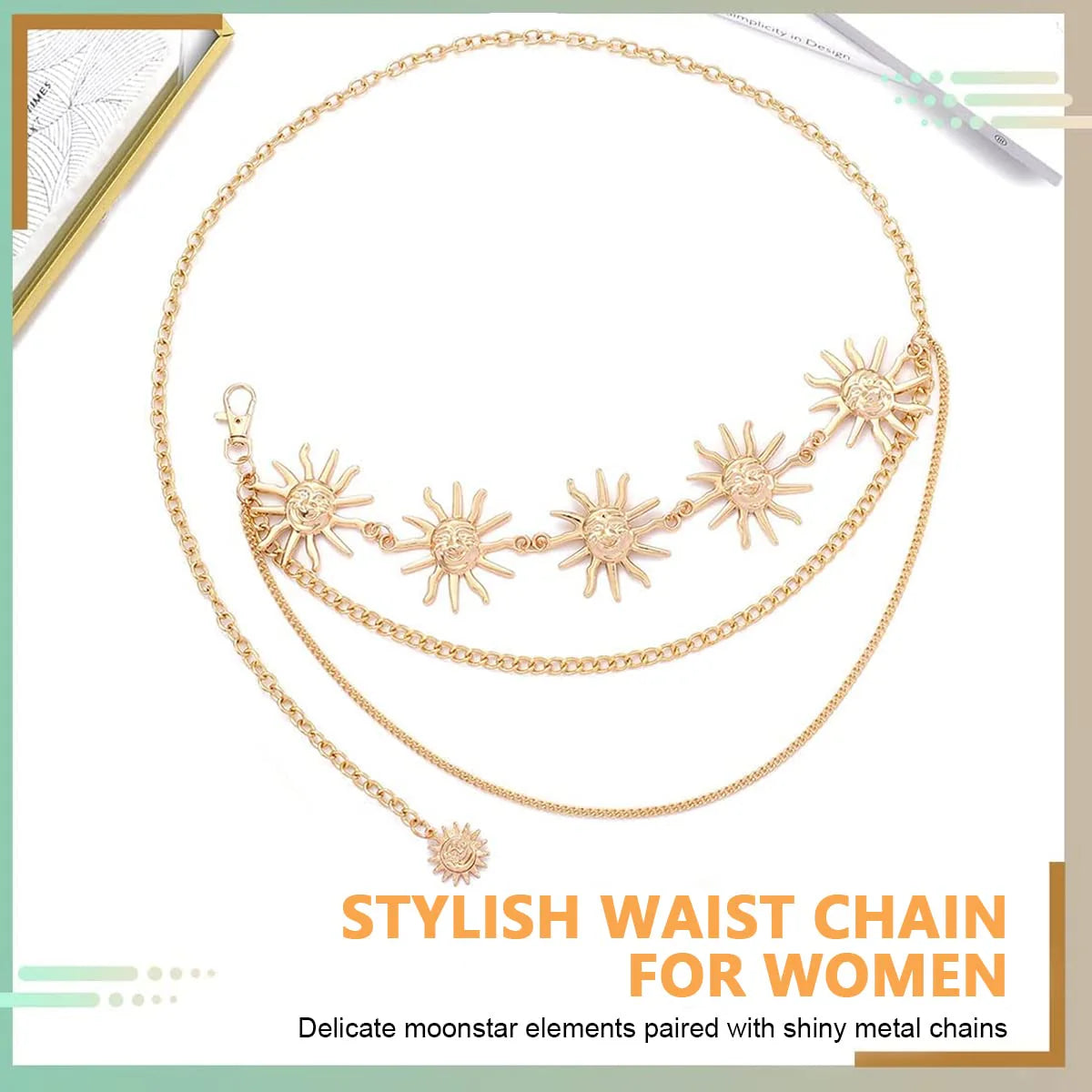3-Layer Chain Waist Belt for Women Gold Sun Decor