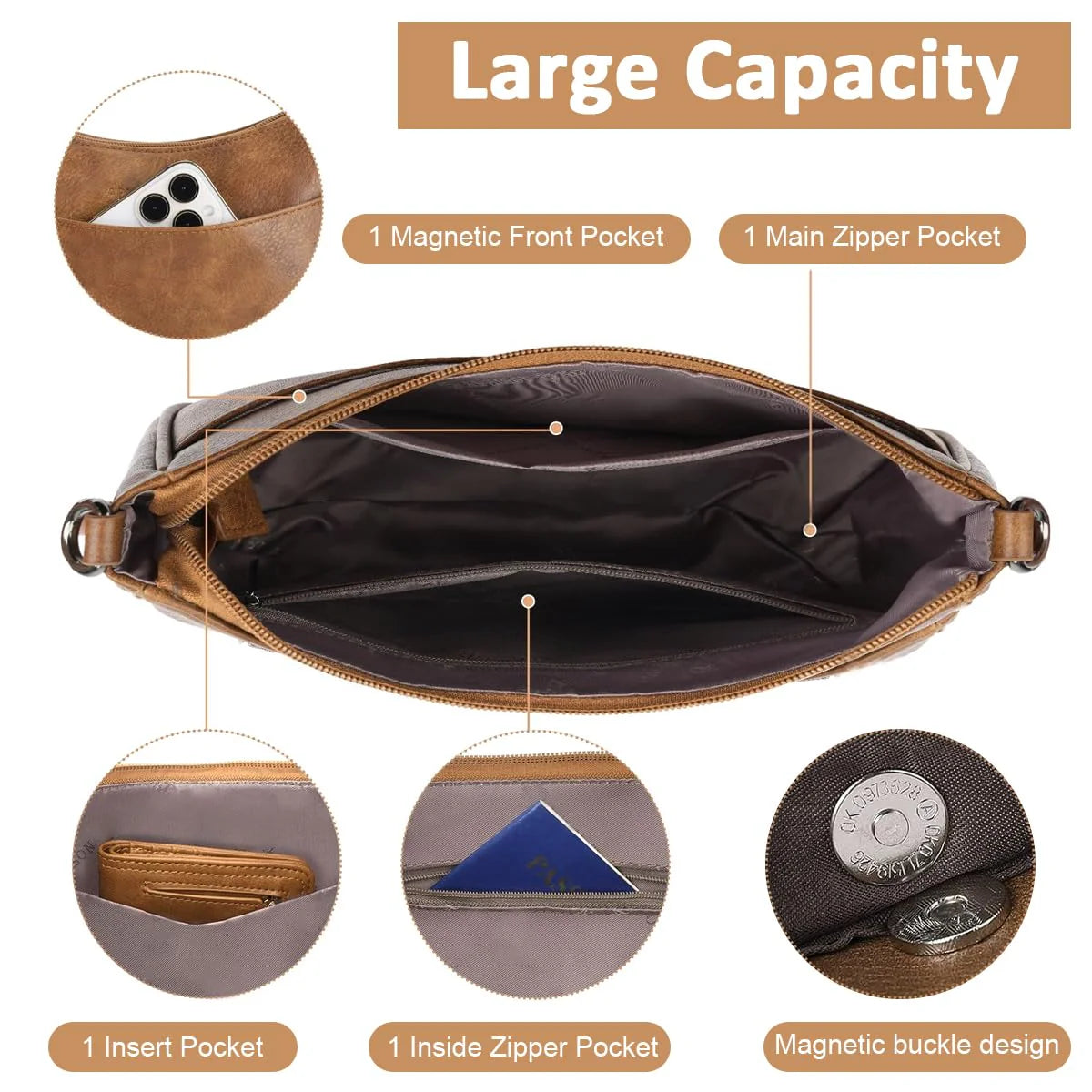 PU Solid Brown Fashion Satchel Crossbody Bag