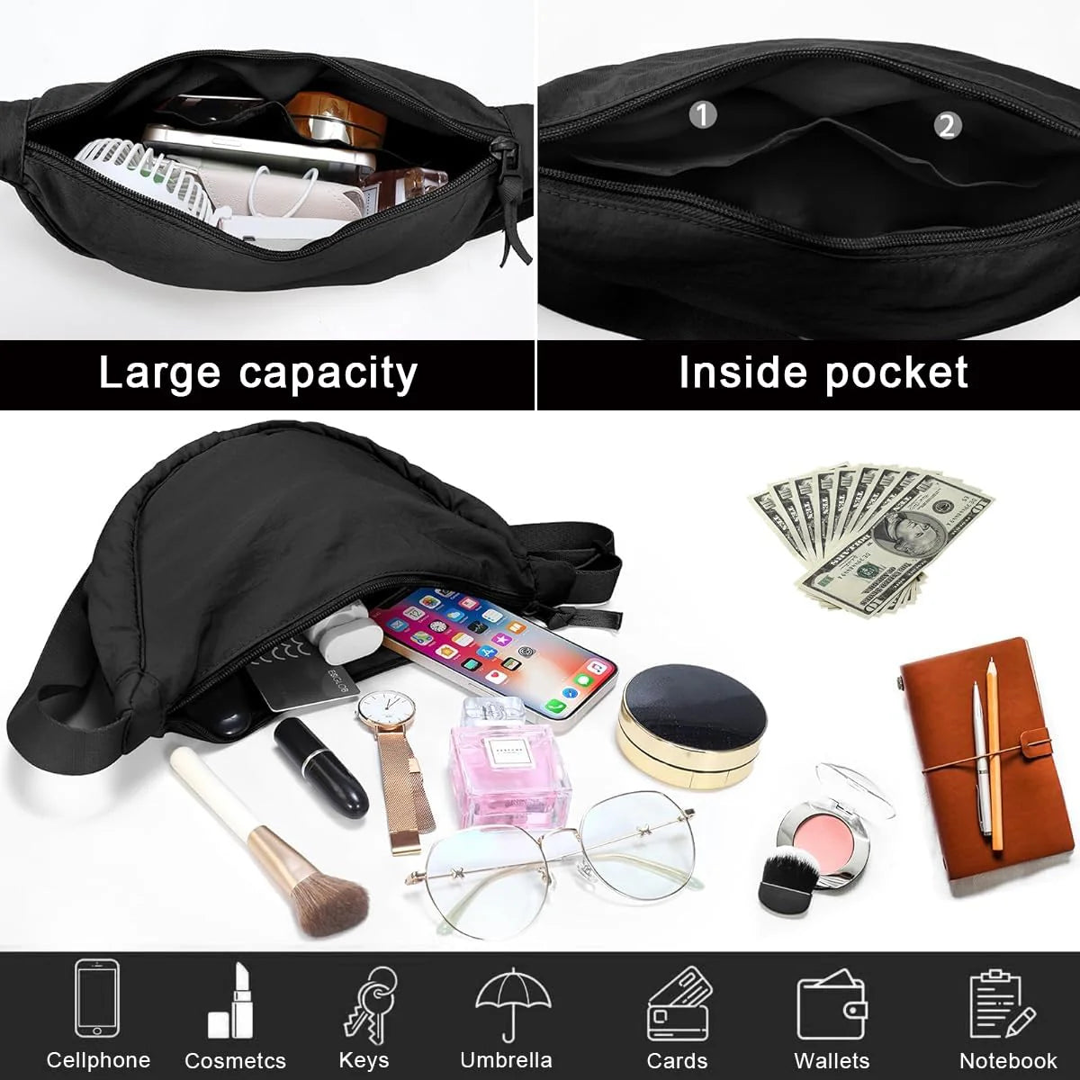Nylon Crescent Hobos Crossbody Shoulder Bag Waterproof