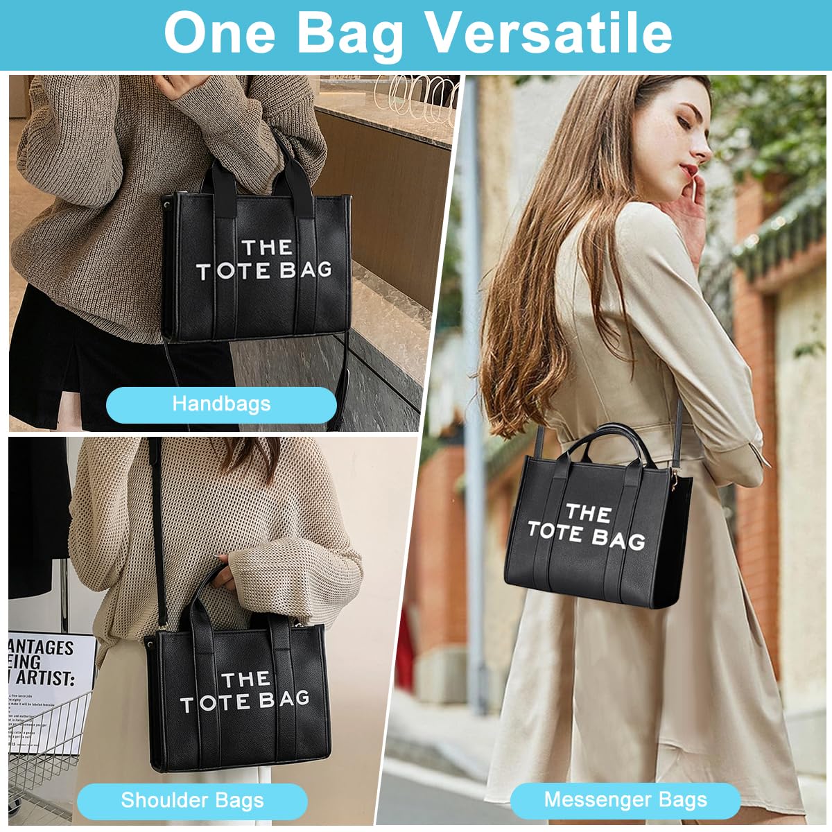 PU Leather Tote Bag with Zipper and Shoulder Belt