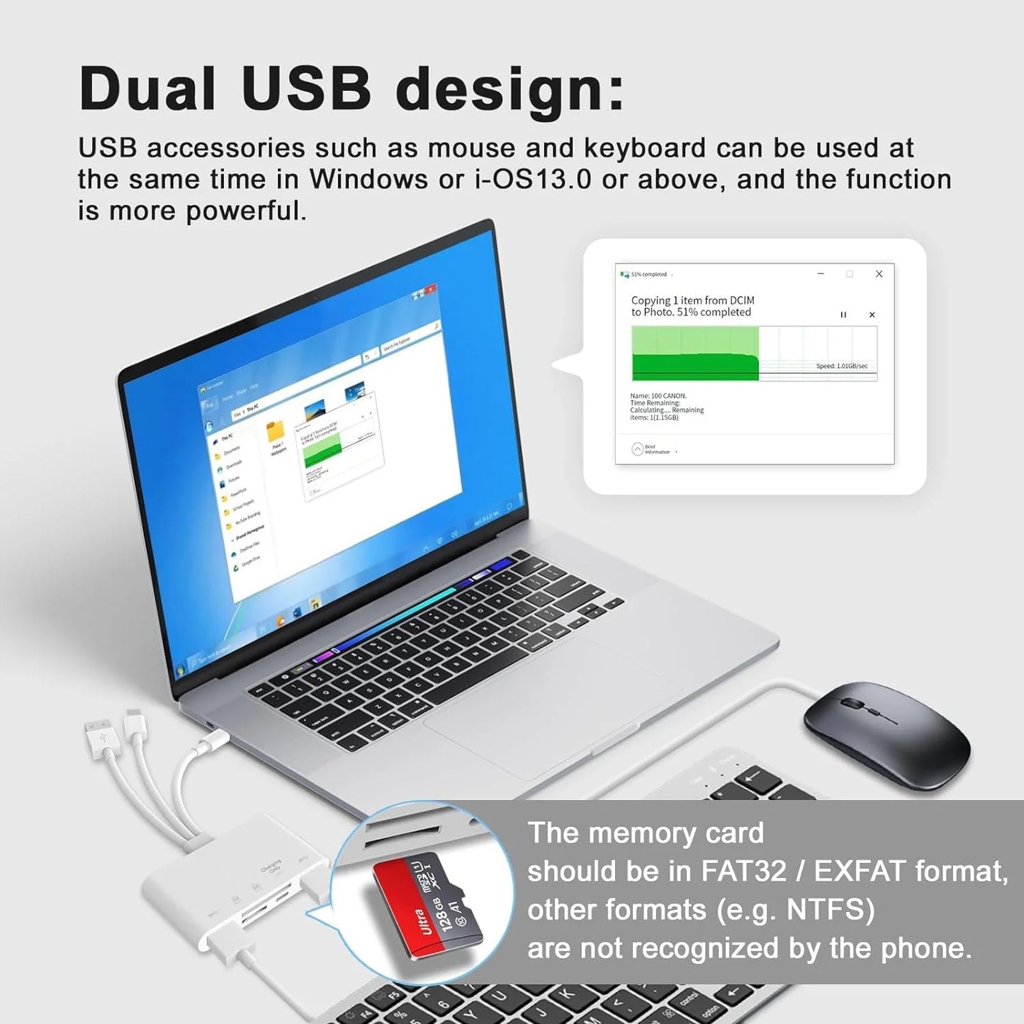 5 in 1 SD Card Reader with Light-ning Port and USB 3.0 for iPhone/iPad/PC
