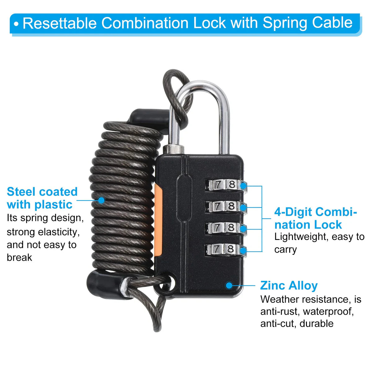 4 Digit Combination Luggage Cable Lock with Waterproof Spring Steel Cable