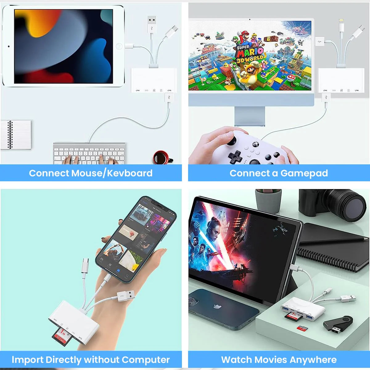 5 in 1 SD Card Reader with Light-ning Port and USB 3.0 for iPhone/iPad/PC