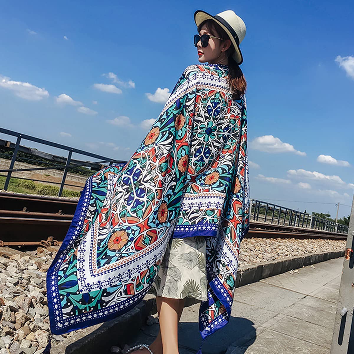 Satin Silk-Feel Scarf Large Shawl for Travel Beach