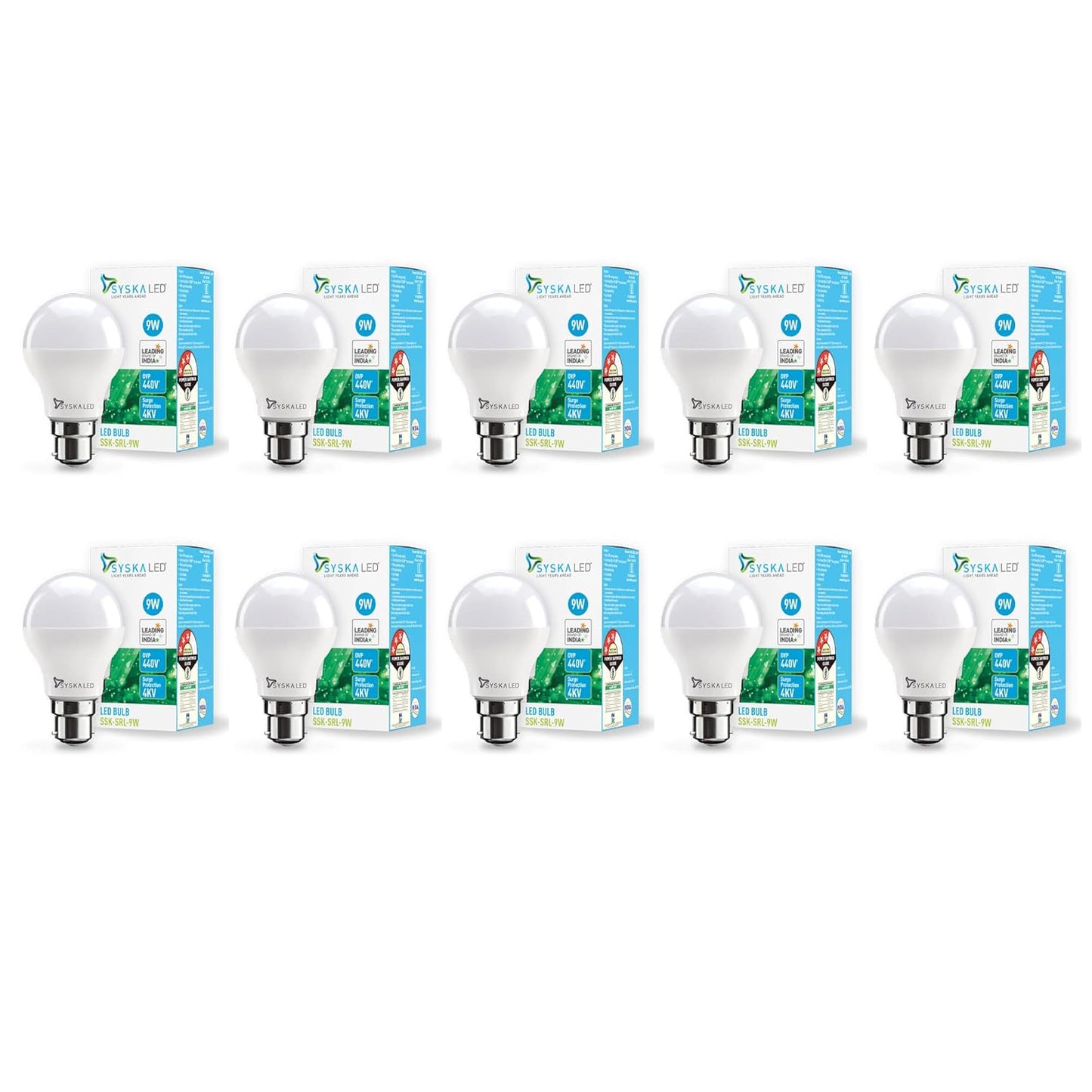 Syska SSK-SRL Base B22 9-Watt LED Bulb (Pack of 10, Cool White)