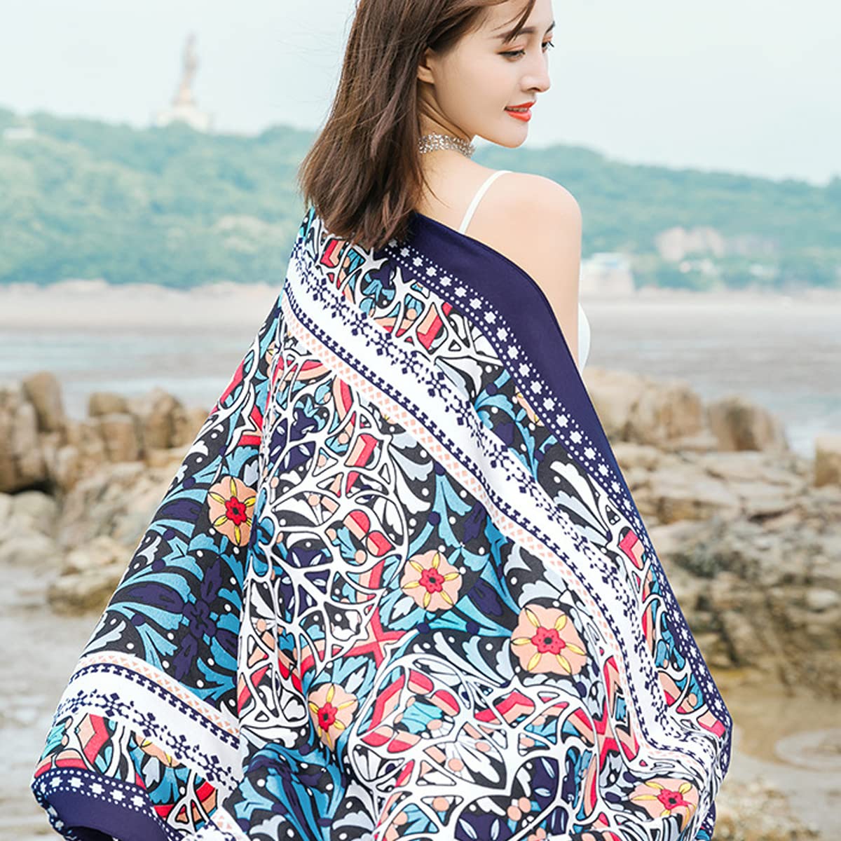 Satin Silk-Feel Scarf Large Shawl for Travel Beach