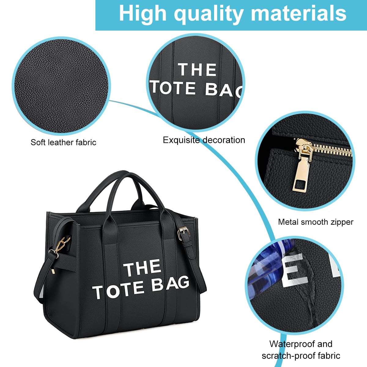 PU Leather Tote Bag with Zipper and Shoulder Belt