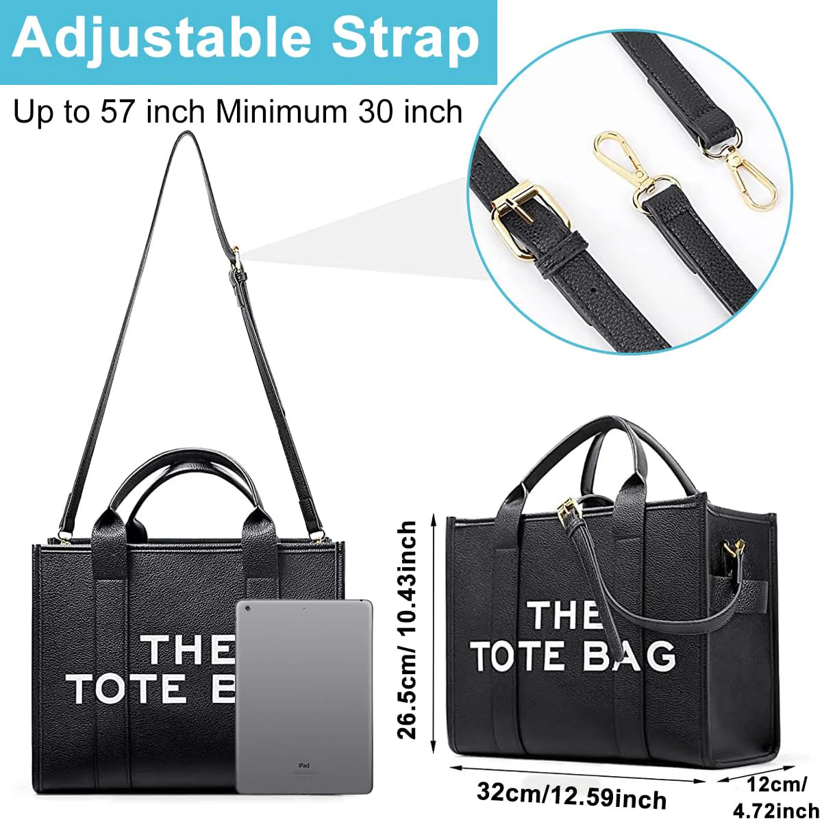PU Leather Tote Bag with Zipper and Shoulder Belt