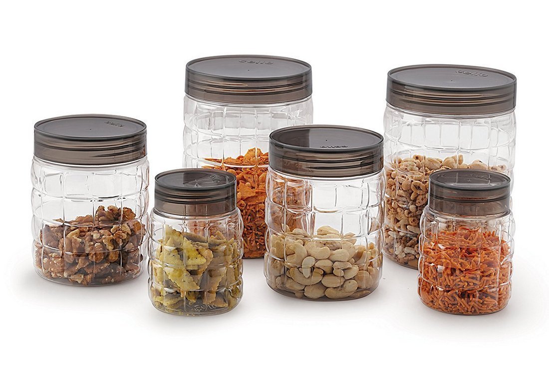 CELLO Checkers Pet Plastic Airtight Canister Set | Food grade and BPA free canisters | Air tight seal & Stackable Transparent | 300ml x 6, 650ml x 6, 1200 x 6, Set of 18