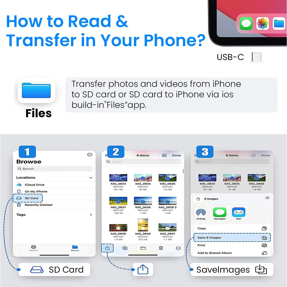 5 in 1 SD Card Reader with Light-ning Port and USB 3.0 for iPhone/iPad/PC