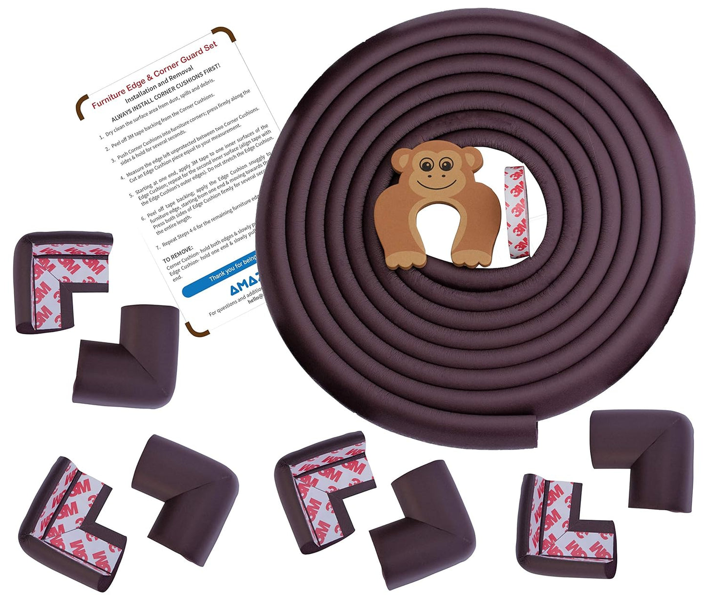 AMAZARA Baby Proofing Edge & Corner Guards | Extra Long 16.4Ft Edge + 8 Pre-Taped Corner Protectors | Child Safety Furniture Cushions | Brown (16.4ft Edge 8 Corners)