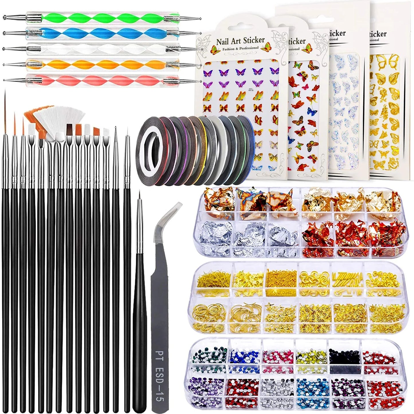 3D Nail Art Stamping Kit with Pen & Brush, Stickers, Rhinestones