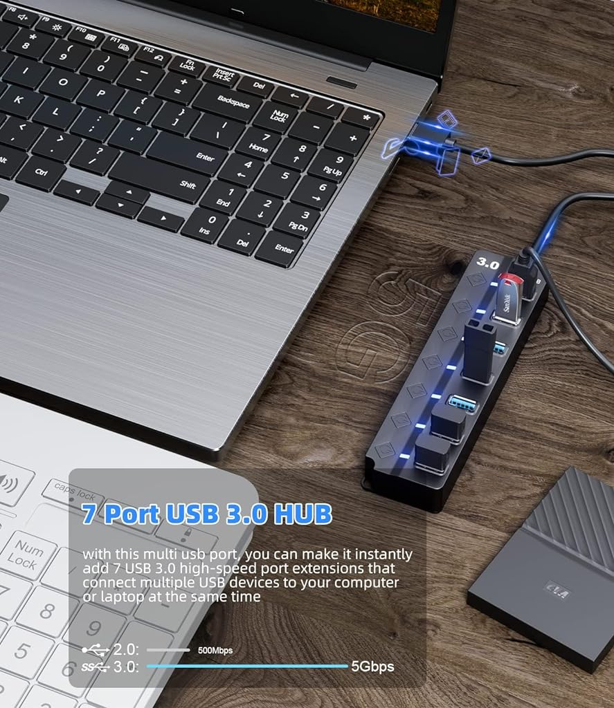 USB Hub 3.0 for PC Multiport Adapter with 7 USB Ports