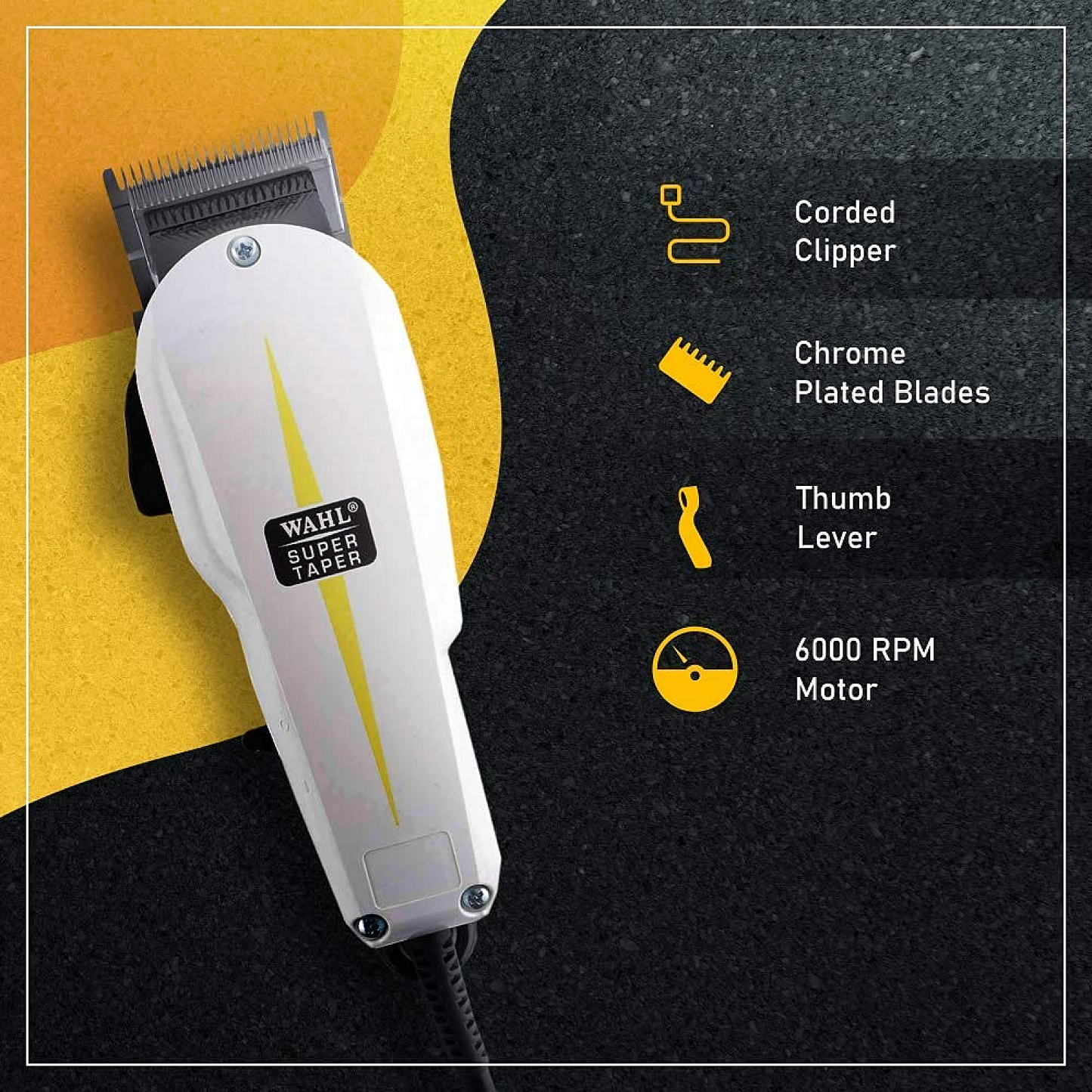 Wahl 08466-424 Corded Super Taper Hair Clipper; 6000 rpm; 1-2 mm cutting length, 4 Guide Combs (3mm-13mm), Designed for Tapering