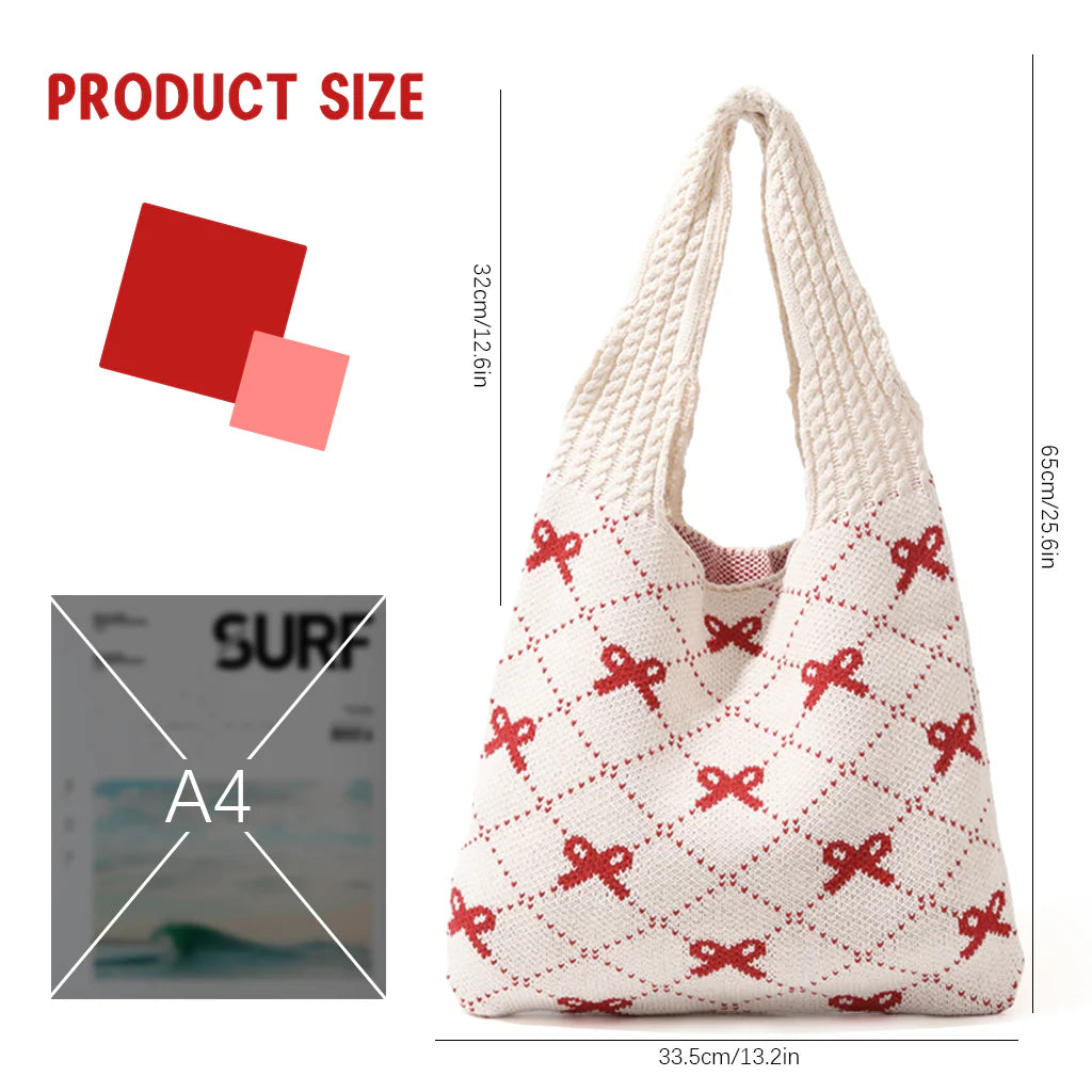 Knitting Tote Bag for Girls Women with Red Bow