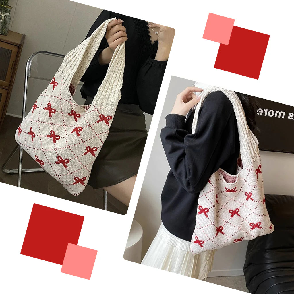 Knitting Tote Bag for Girls Women with Red Bow