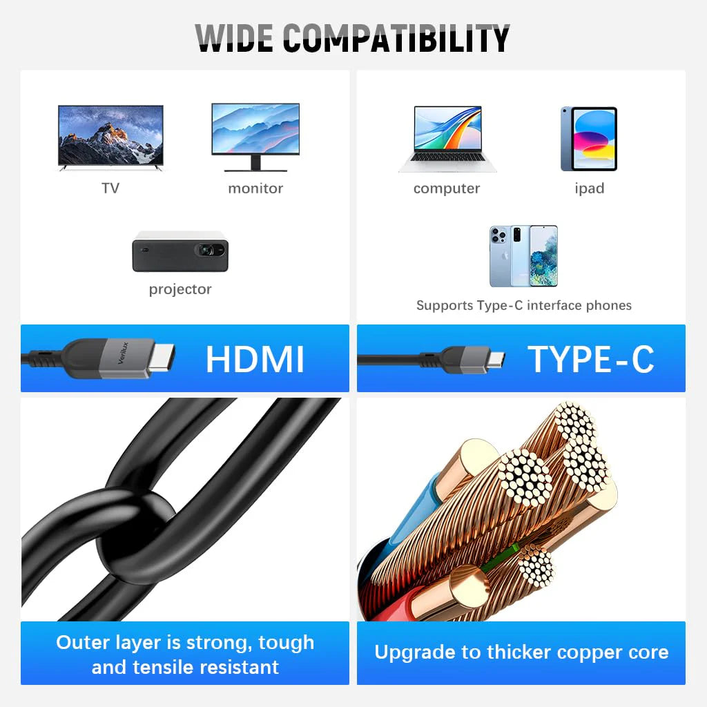 Type C to HDMI 4K@60Hz Cable 10ft for MacBook, iPad, Samsung
