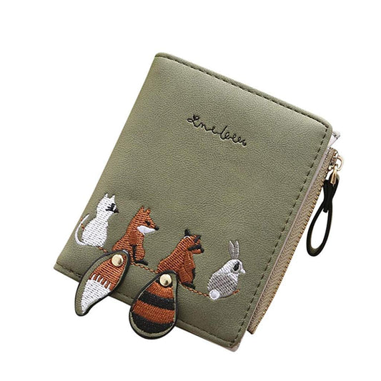 Leather Mini Wallet with Animal Embroidery Card Holder