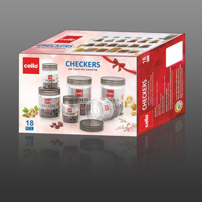 CELLO Checkers Pet Plastic Airtight Canister Set | Food grade and BPA free canisters | Air tight seal & Stackable Transparent | 300ml x 6, 650ml x 6, 1200 x 6, Set of 18