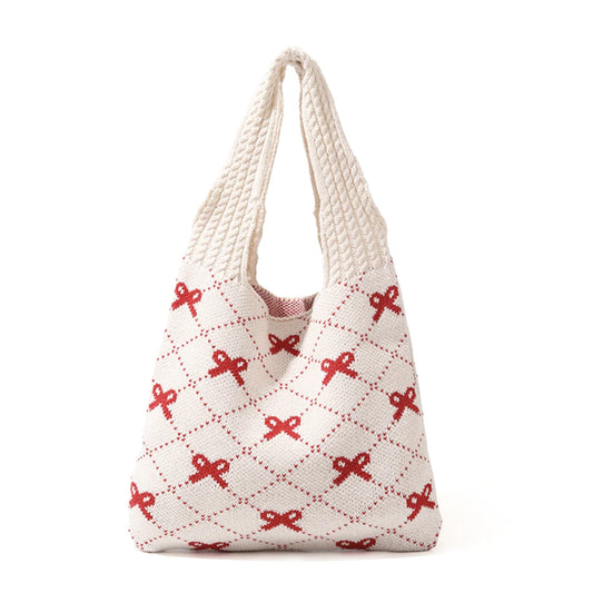 Knitting Tote Bag for Girls Women with Red Bow